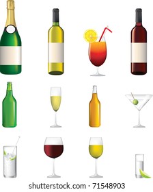 wine, champagne, shorts, cocktails, vector illustrations of alcoholic drinks