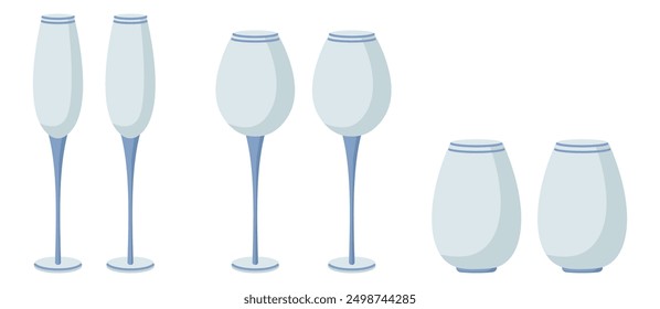 wine, champagne, tumbler glasses, different barware set, kitchen utensils, various glass for beverages, drinks, utensils for dinner, lunch, vector illustration