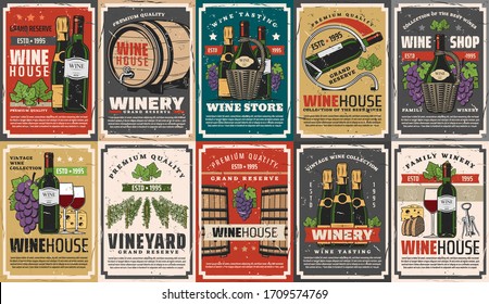 Wine and champagne winery drinks vector design with alcohol beverage bottles, barrels and glasses, grapes, vineyard grape vines and corkscrew, cheese and bread snack food. Wine shop retro posters