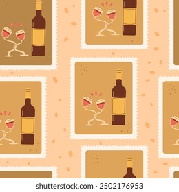 Wine checked seamless pattern. Bento box cozy evening repeat background. Alcohol beverage retro stamps endless design. Vector hand drawn illustration.