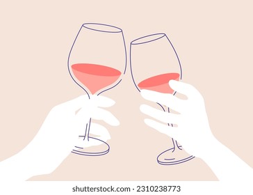 Wine cheers line art drawing. Women’s hand holding glass of white and red wine. Flat illustration for greeting cards, postcards, invitations, menu design. Line art template