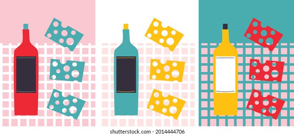 Wine with chees cartoon flat illustration. Alcohol drinks for flyers, posters, menu. Abstract flat vector still life. Wine retro style art.