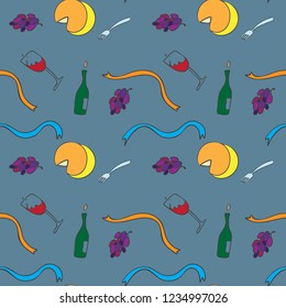 wine cheese bottle grape objects on blue-gray background seamless pattern. vector illustration for design, wrapping paper, backgrounds, print