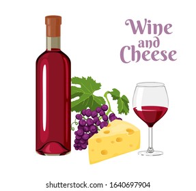 Wine and cheese. A bottle of red wine, a glass, a bunch of dark grapes and a piece of cheese isolated on a white background. Vector illustration of food and alcoholic drink in cartoon flat style.