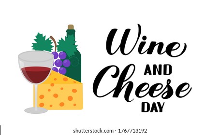  Wine and Cheese Day typography poster. Funny American holiday. Vector template for banner, flyer, sticker, postcard, t-shirt, etc.
