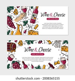 Wine and cheese is a flyer for a restaurant or cafe. Vector template with bottles and grapes in Doodle sketch style.