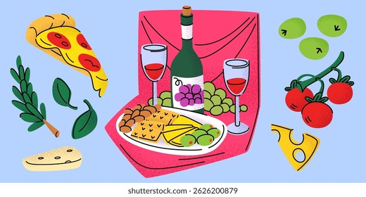 Wine with cheese and fruits illustration - bottle and glasses on table setting. Grapes, tomato and olives pizza slice and greenery. Colorful retro style food doodles and picnic snacks drawing.
