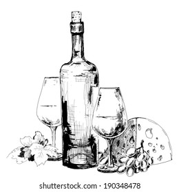 Wine with cheese  and grapes. Hand drawn illustration