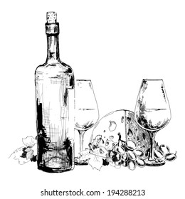 Wine with cheese  and grapes. Hand drawn illustration