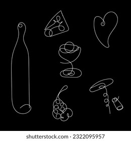 Wine, cheese, grapes in one line.
One line icons set
Vector illustration. One white line.
line drawing on black background eps