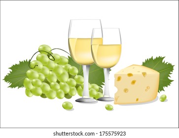 wine with cheese and grapes vector illustration 