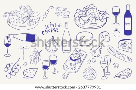 Wine and cheese hand draw illustration on sketch style.