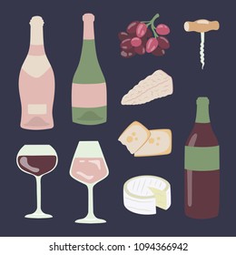 Wine and cheese hand drawing illustration set. Gourmet collection of food and drink. Vector clipart.