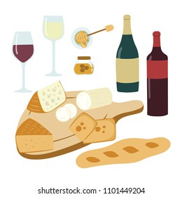 Wine And Cheese Hand Drawn Illustration Set. Gourmet Collection. Vector Clipart.