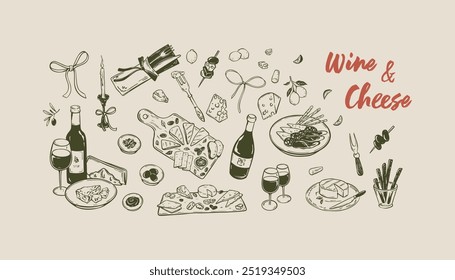 Wine and cheese hand drawn minimalist boho food vector illustration. Slow living concept. Summer Italian picnic background. Parmesan, brie, camembert, salami, jamon charcuterie board. La Dolce vita