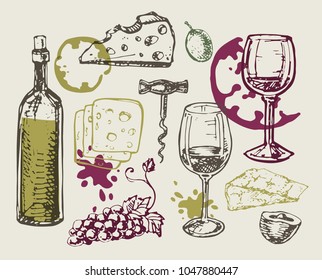 Wine and cheese - hand drawn set