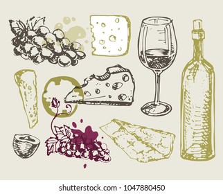 Wine and cheese - hand drawn set
