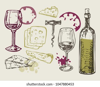 Wine and cheese - hand drawn set