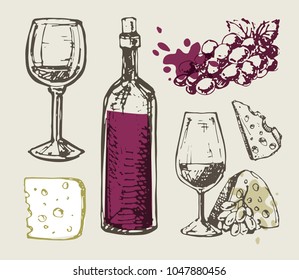 Wine and cheese - hand drawn set