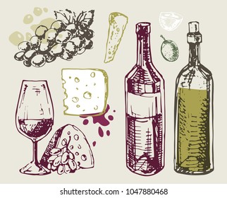 Wine and cheese - hand drawn set