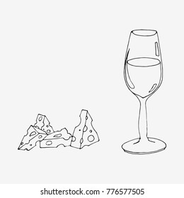 Wine and cheese. Hand drawn vector illustration