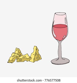 Wine and cheese. Hand drawn vector illustration