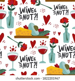 Wine, cheese, heart. Hand drawn colored vector seamless pattern. background for textile, prints, paper products, the Web. 