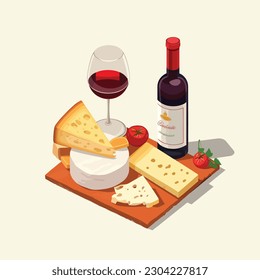 Wine and cheese isometric isolated on white