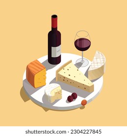Wine and cheese isometric isolated on white