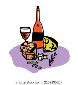 Wine and cheese line art vector cheese plate, wine