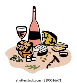 Wine and cheese line art vector cheese plate, wine, picnic food 