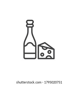 Wine and cheese line icon. linear style sign for mobile concept and web design. Wine bottle and cheese piece outline vector icon. Symbol, logo illustration. Vector graphics