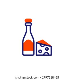 Icono de línea de vino y queso. signo de estilo lineal para concepto móvil y diseño web. Botella de vino y pieza de queso contorno icono vector. Símbolo, ilustración del logotipo. Gráficos vectoriales