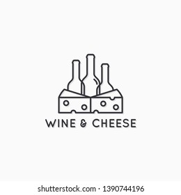 Wine and cheese linear logo. Wine bottles with cheese slice on white background