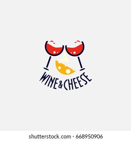 Wine and cheese minimalist label. Wine glasses cheers and a slice of cheese. Vector illustration. Great for wine and cheese party or festival.