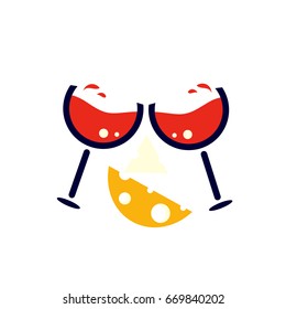 Wine And Cheese Minimalistic Vector Illustration. Wine Glasses With Red Wine And A Slice Of Cheese. Great For Wine And Cheese Party, Tasting Event Or Festival.