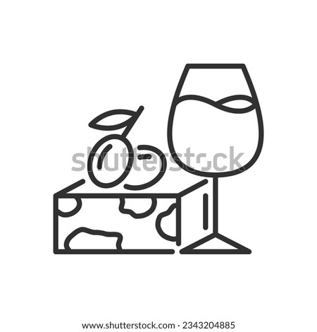 Wine and cheese with olives, linear icon. Alcohol and appetizer. Line with editable stroke