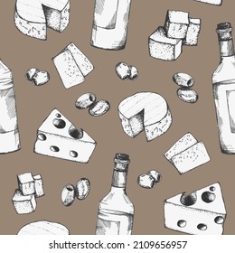 Wine, cheese and olives. Seamless pattern Hand-drawn vector clip art wine bottle, olives and cheese