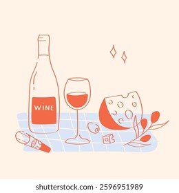 Wine, cheese and olives, sketch, hand drawn illustration in doodle style