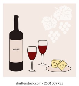 Maridaje de vino y queso con vino tinto, copas y queso en un plato con uvas al fondo