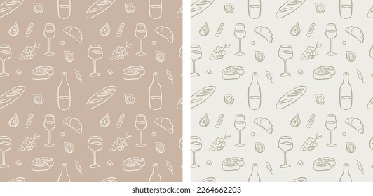 Wine and Cheese Picnic Aesthetic Boho Earthy Hand-Drawn Seamless Pattern Vector Illustration
