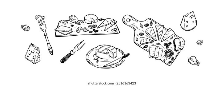 Prato de queijo de vinho. Charcuterie board. Desenho de caligrafia de comida em estilo de esboço de garatuja. Cheddar, parmesão, gouda, brie, gorgonzola fatias e pedaços. Menu de aperitivo antipasto