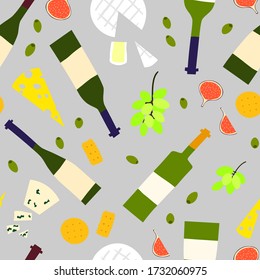 Wine And Cheese Seamless Pattern . Bottles, Brie, Blue Cheese, Cheddar, Grapes, Figs, Olives, Crackers. Gourmet Platter Party Concept. Wine Appetizers, Food Background For Celebration, Bar Menu.