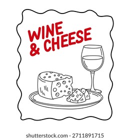 Wine and Cheese Sketch Illustration
