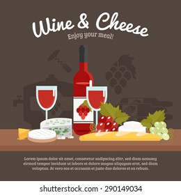 Wine and cheese still life with enjoy your meal tagline flat vector illustration