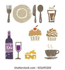 Wine, cheese and sweets, restaurant elements illustration