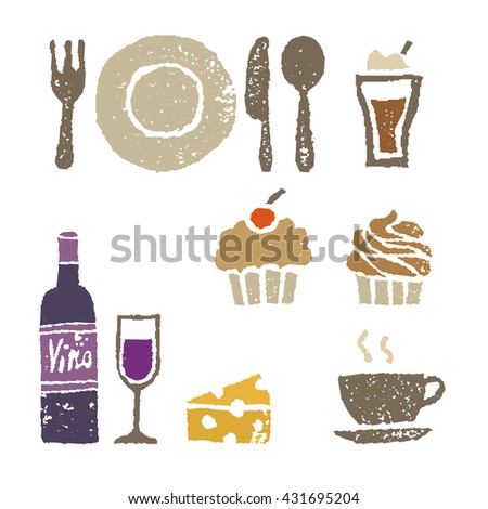 Wine, cheese and sweets, restaurant elements illustration