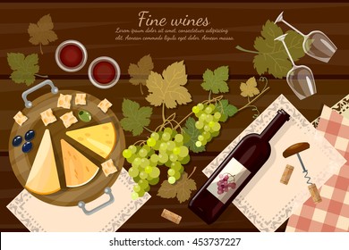 Wine and cheese tasting  top view wine bottle and grapes on wooden table cartoon vector illustration 