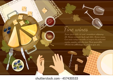 Wine And Cheese Tasting Top View Cartoon, Vector Illustration 