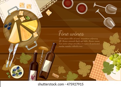 Wine And Cheese Tasting  Top View Wine Bottle And Grapes On Wooden Table Vector Illustration 